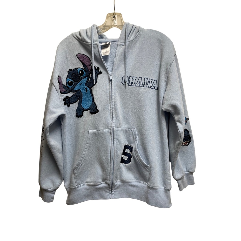 Disney Lilo & Stitch Ohana Light Blue Full Zip Hoodie Chenille Patch WVSJJ86